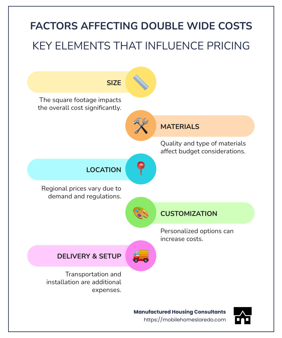 Infographic detailing factors affecting double wide cost, including size, materials, and location, along with visual representation of double wide homes compared to traditional homes by size and cost. - double wide cost infographic infographic-line-5-steps-colors Infographic detailing factors affecting double wide cost, including size, materials, and location, along with visual representation of double wide homes compared to traditional homes by size and cost. - double wide cost infographic infographic-line-5-steps-colors