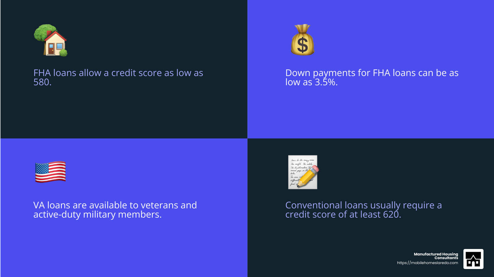 FHA loans offer flexibility with lower credit score requirements. - double wide cost infographic 4_facts_emoji_blue FHA loans offer flexibility with lower credit score requirements. - double wide cost infographic 4_facts_emoji_blue
