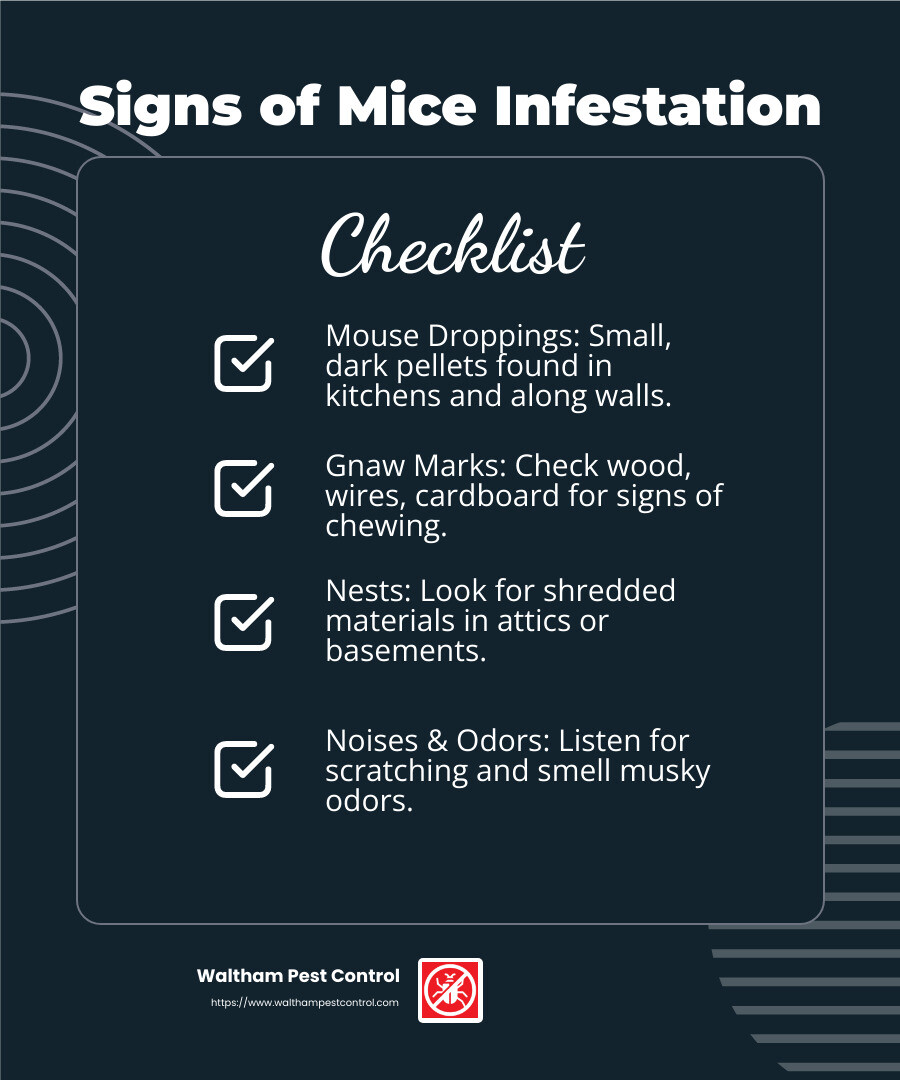 Signs of a mice infestation infographic - Mice Exterminators infographic checklist-dark-blue