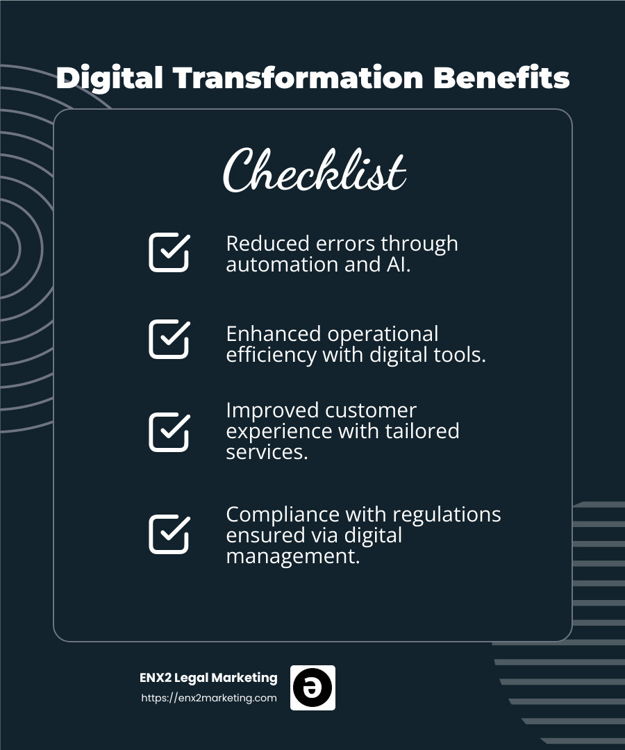 Infographic showing the benefits of legal digital change - Legal digital change infographic checklist-dark-blue