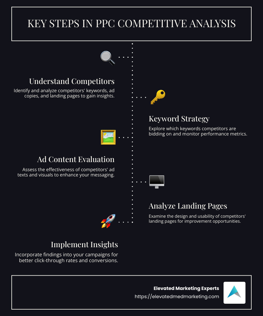 Infographic on PPC competitive analysis strategies - PPC competitive analysis infographic infographic-line-5-steps-dark