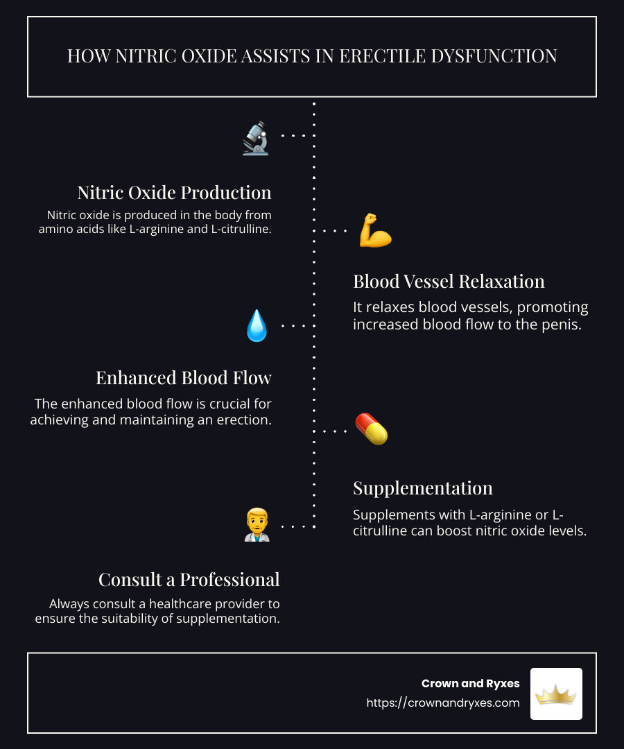 Infographic detailing how nitric oxide helps with erectile dysfunction by improving blood flow - can nitric oxide help erectile dysfunction infographic infographic-line-5-steps-dark