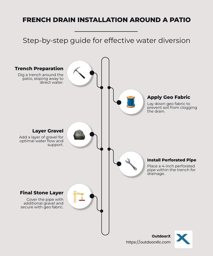 Detailed infographic illustrating the French drain around patio installation process, including placement of perforated pipe, gravel, and landscape fabric within a trench, ensuring proper drainage slope to move water away efficiently. - french drain around patio infographic infographic-line-5-steps-neat_beige