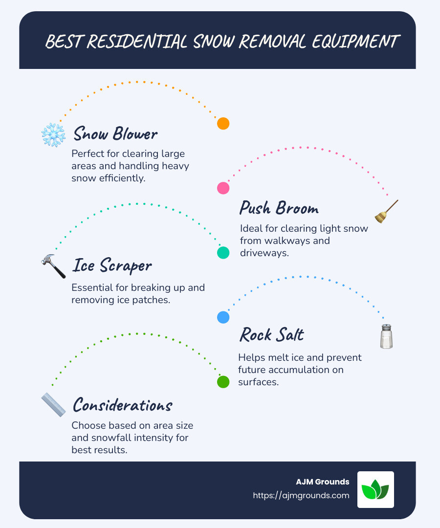 Winter Warriors: Best Tools for Residential Snow Removal Infographic showing the best residential snow removal equipment list with images of each item: snow blower, push broom, ice scraper, and rock salt - best residential snow removal equipment infographic infographic-line-5-steps-blues-accent_colors