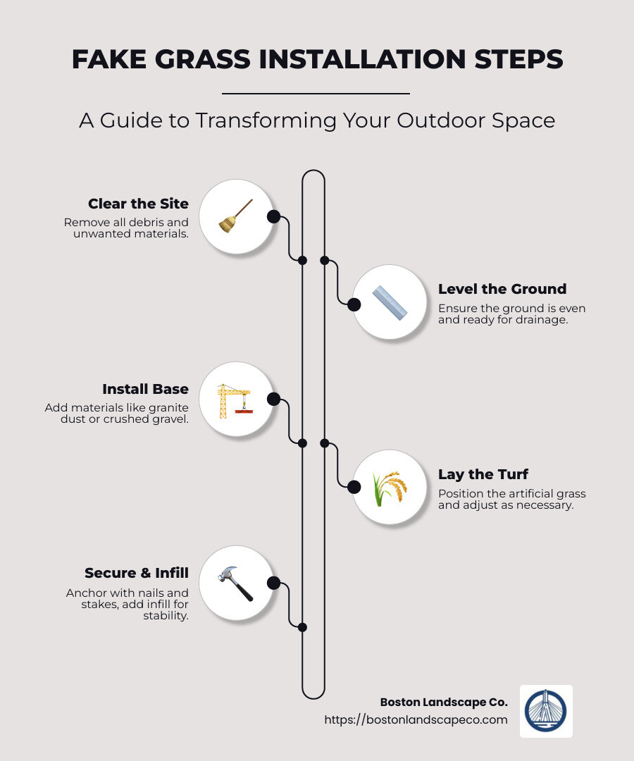 Infographic showing steps for fake grass installation: clearing, leveling, installing base, and securing turf - fake grass installation infographic infographic-line-5-steps-neat_beige