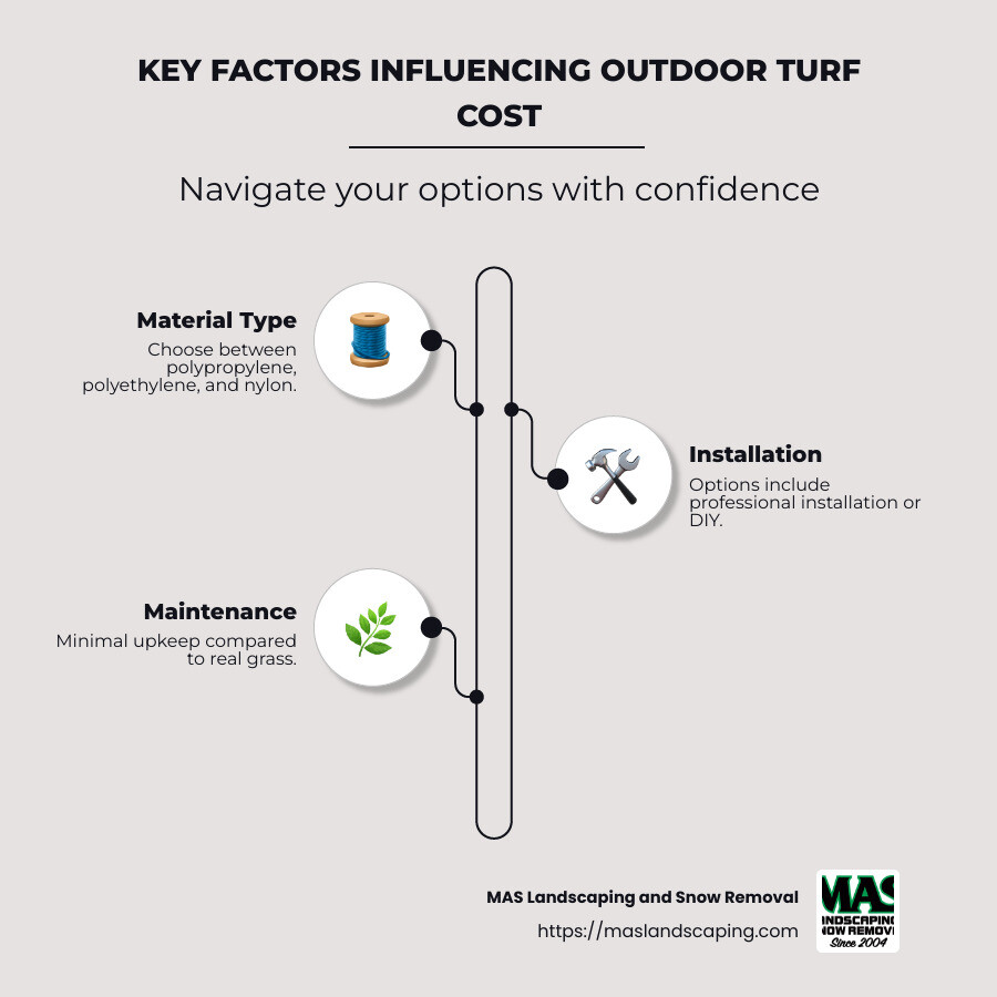 Infographic showing the key factors influencing outdoor turf cost: material type, location, installation options, and maintenance needs. - outdoor turf cost infographic infographic-line-3-steps-neat_beige