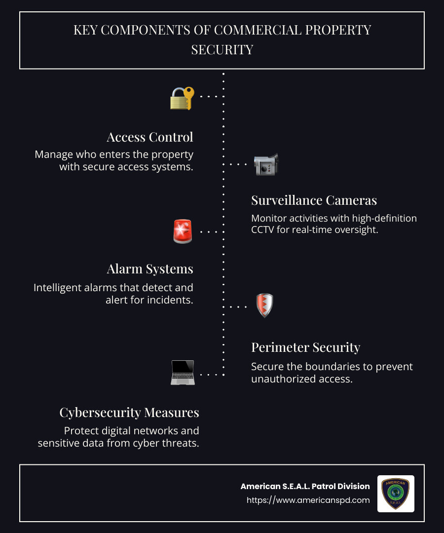 Infographic showing components of commercial property security, including access control, CCTV, alarms, perimeter security, and cybersecurity measures - commercial property security infographic infographic-line-5-steps-dark