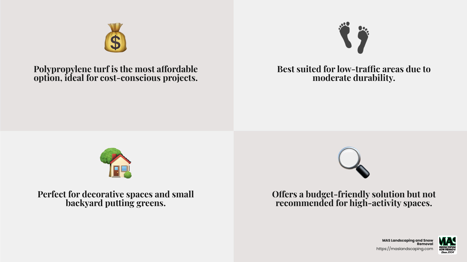 Polypropylene turf is cost-effective but best suited for low-traffic areas. - outdoor turf cost infographic 4_facts_emoji_grey