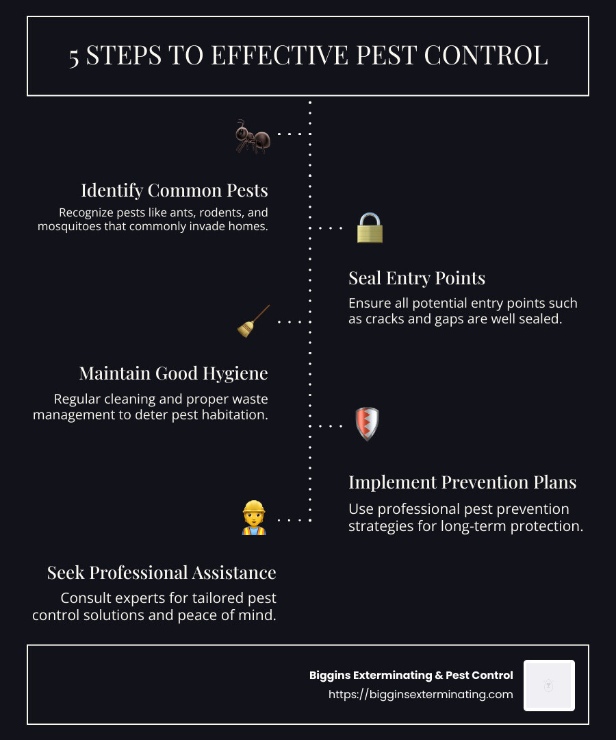 Comprehensive guide to pest control measures including pest identification, sealing entry points, regular cleaning, and prevention plans. - residential pest control in wilmington ma infographic infographic-line-5-steps-dark