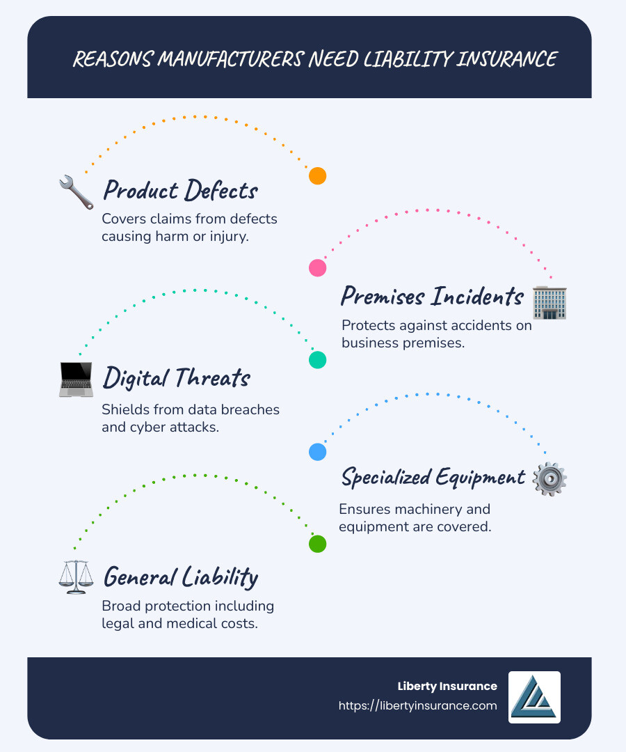Infographic on reasons manufacturers need insurance: product defects, premises incidents, digital threats, and specialized equipment - manufacturing liability insurance infographic infographic-line-5-steps-blues-accent_colors