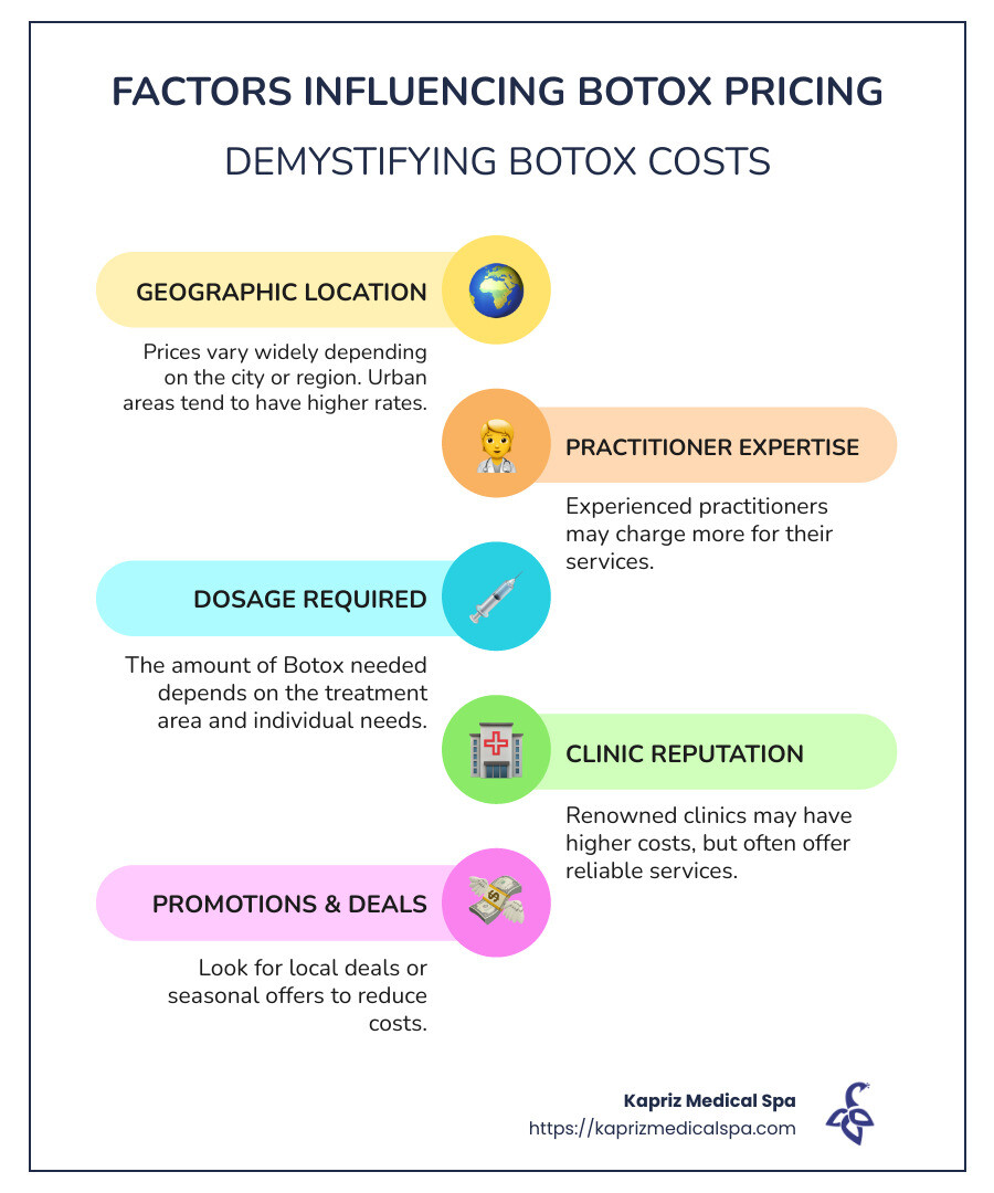 Infographic showing average Botox costs and factors influencing pricing, such as location and practitioner expertise - botox near me prices infographic infographic-line-5-steps-colors