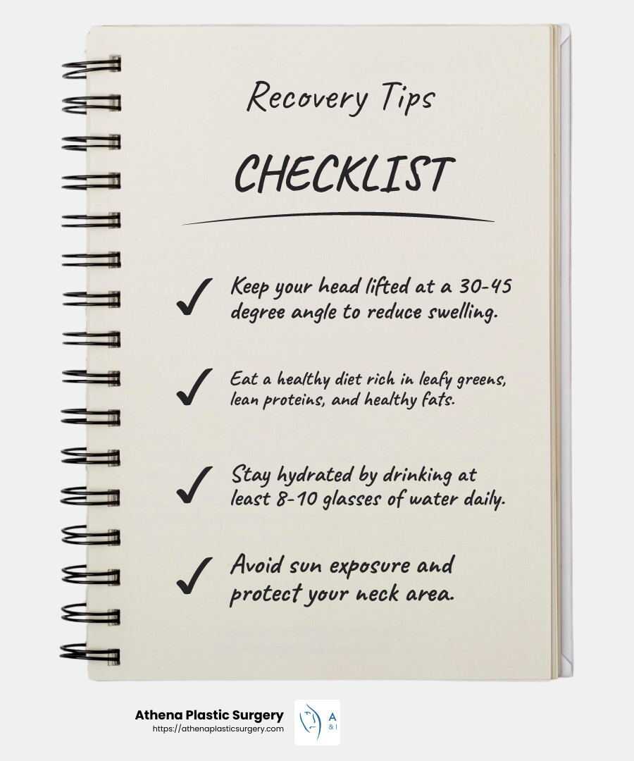 Healing with Style: Navigating Neck Lift Recovery 4 Hydration is key for recovery - Neck lift recovery time infographic checklist-notebook