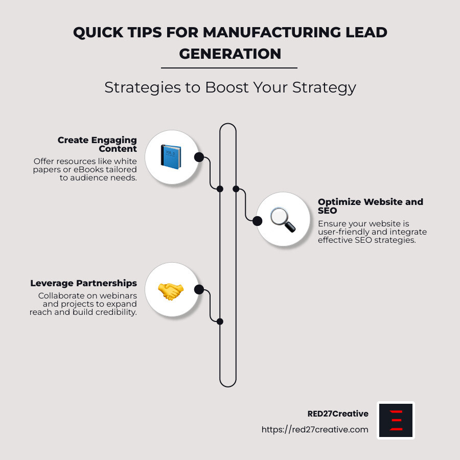 Lead the Way: Proven Strategies for Manufacturing Companies • lead generation for manufacturing companies • RED27Creative Infographic: Quick Tips for Manufacturing Lead Generation - Includes Creating Engaging Content, Optimizing Website, Joint Webinars, Multi-Channel Approach - lead generation for manufacturing companies infographic infographic-line-3-steps-neat_beige
