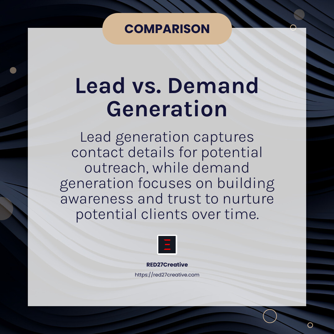 Lead the Way: Proven Strategies for Manufacturing Companies • lead generation for manufacturing companies • RED27Creative Difference between lead generation and demand generation - lead generation for manufacturing companies infographic simple-info-card-dark