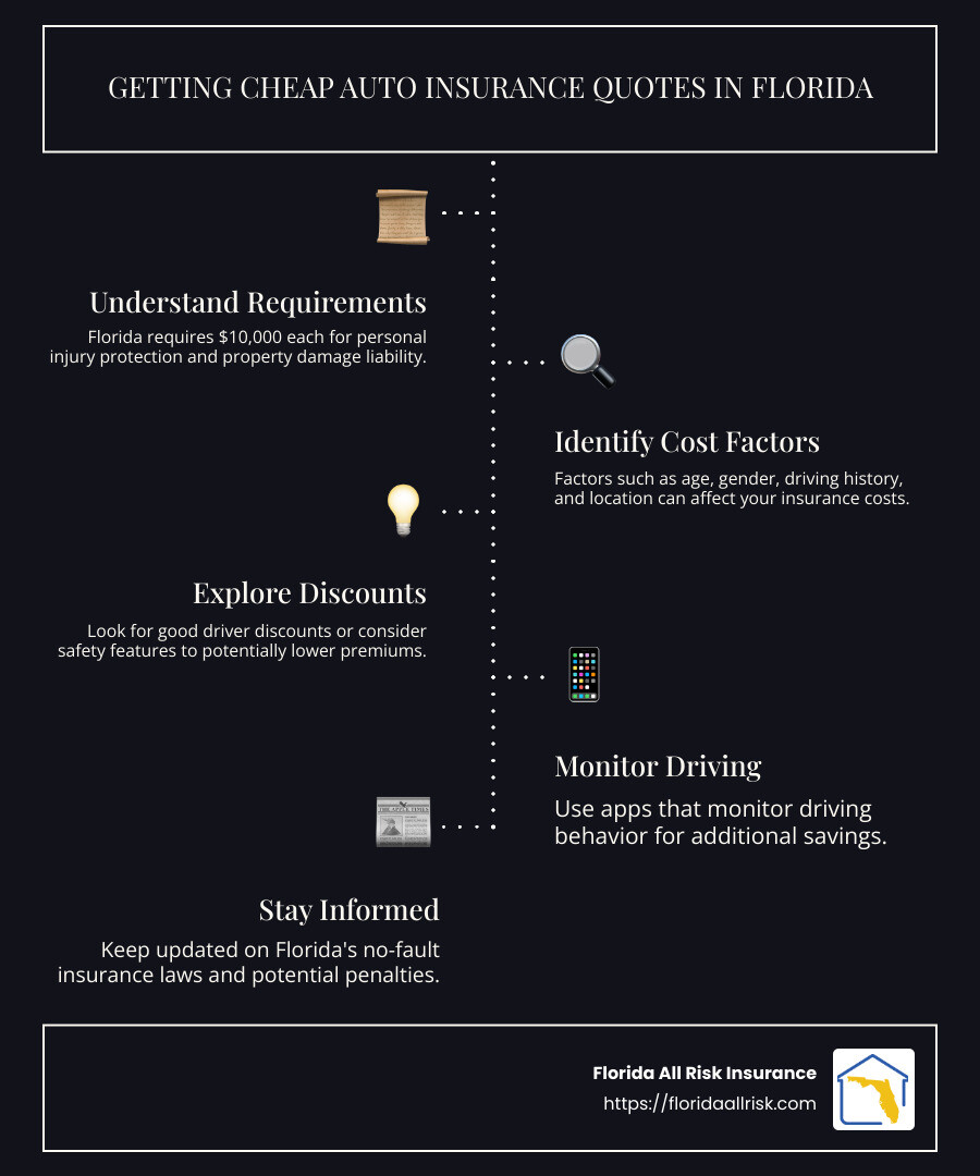 Infographic on Florida Auto Insurance Cost Factors and Discounts - cheap auto insurance quotes florida infographic infographic-line-5-steps-dark