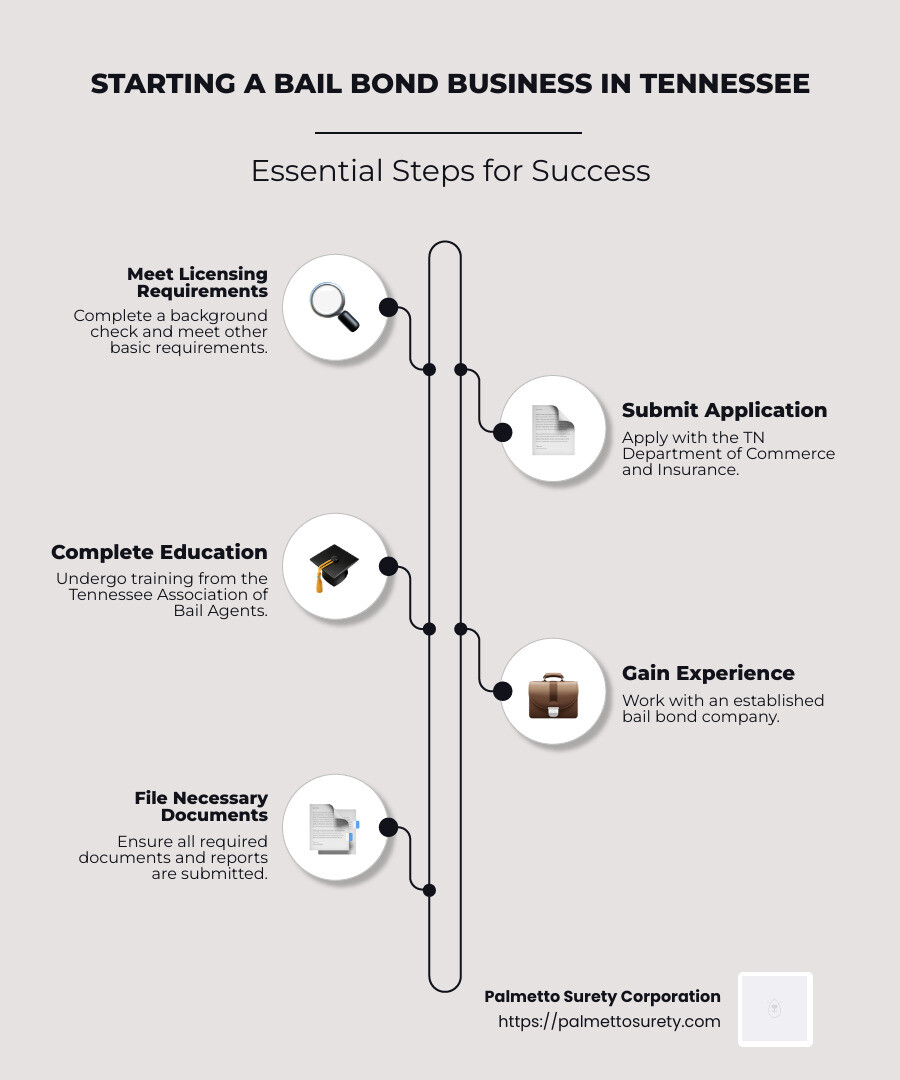 Step-by-step guide on how to start a bail bond business in tennessee, including meeting licensing requirements, submitting applications, completing education, gaining experience, and submission of reports - how to start a bail bond business in tennessee infographic infographic-line-5-steps-neat_beige