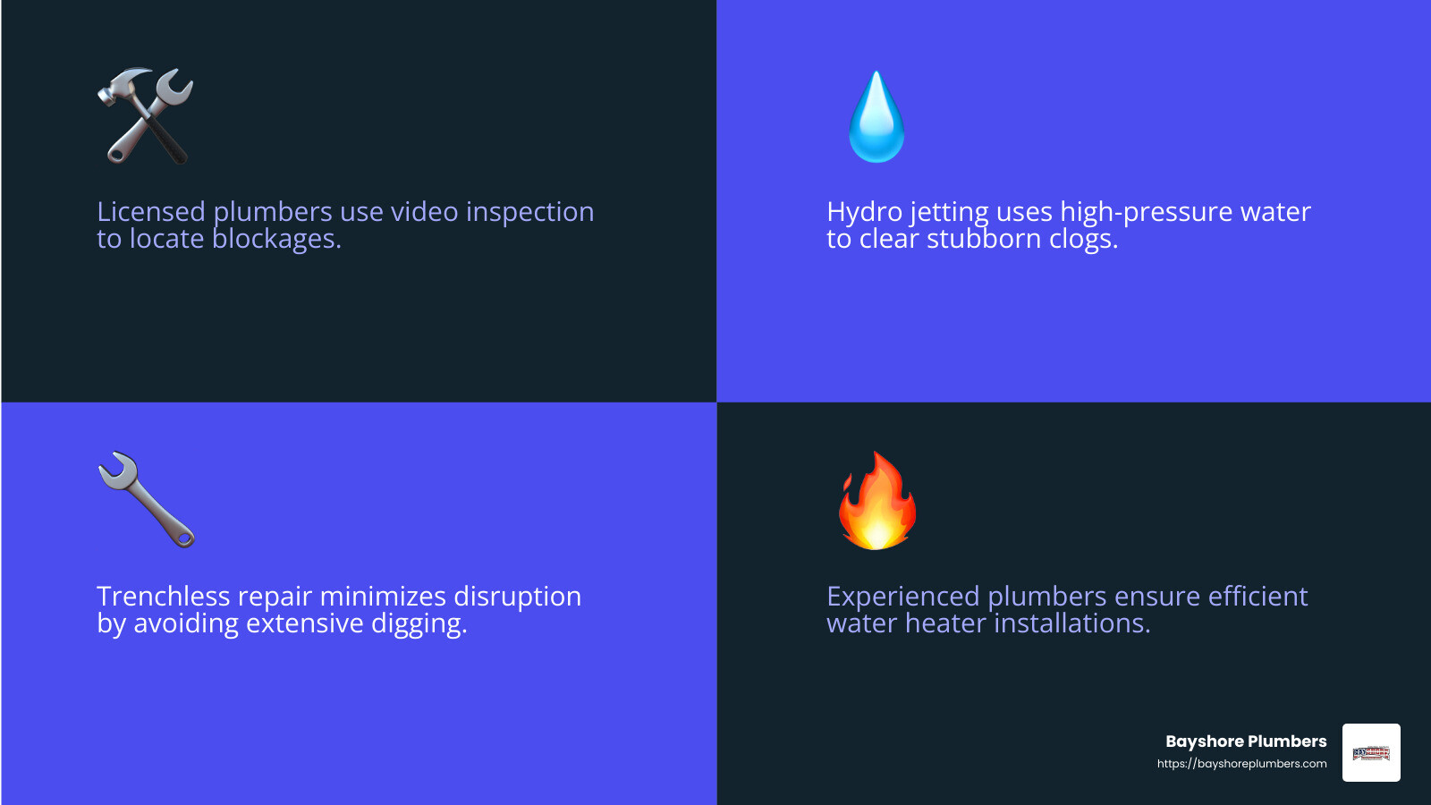 Licensed plumbers offer a range of services including drain cleaning and trenchless repair - licensed plumber Redwood City infographic 4_facts_emoji_blue