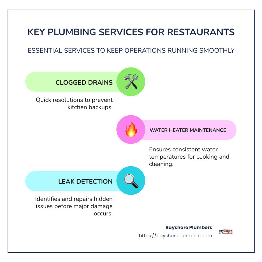 Infographic on key plumbing services for restaurants including drain cleaning, water heater maintenance, and leak detection - plumbing services for restaurants infographic infographic-line-3-steps-colors