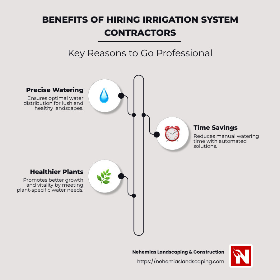 infographic showing benefits of hiring irrigation system contractors: precise watering, time savings, healthier plants - irrigation system contractors infographic infographic-line-3-steps-neat_beige