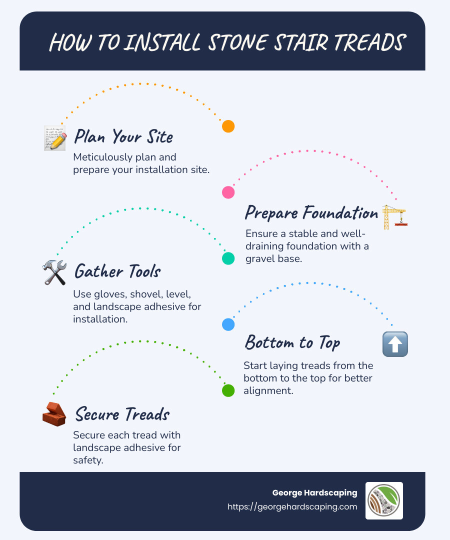 Step-by-step process of installing stone stair treads with visuals describing the order and essential tools needed for installation - how to install stone stair treads infographic infographic-line-5-steps-blues-accent_colors