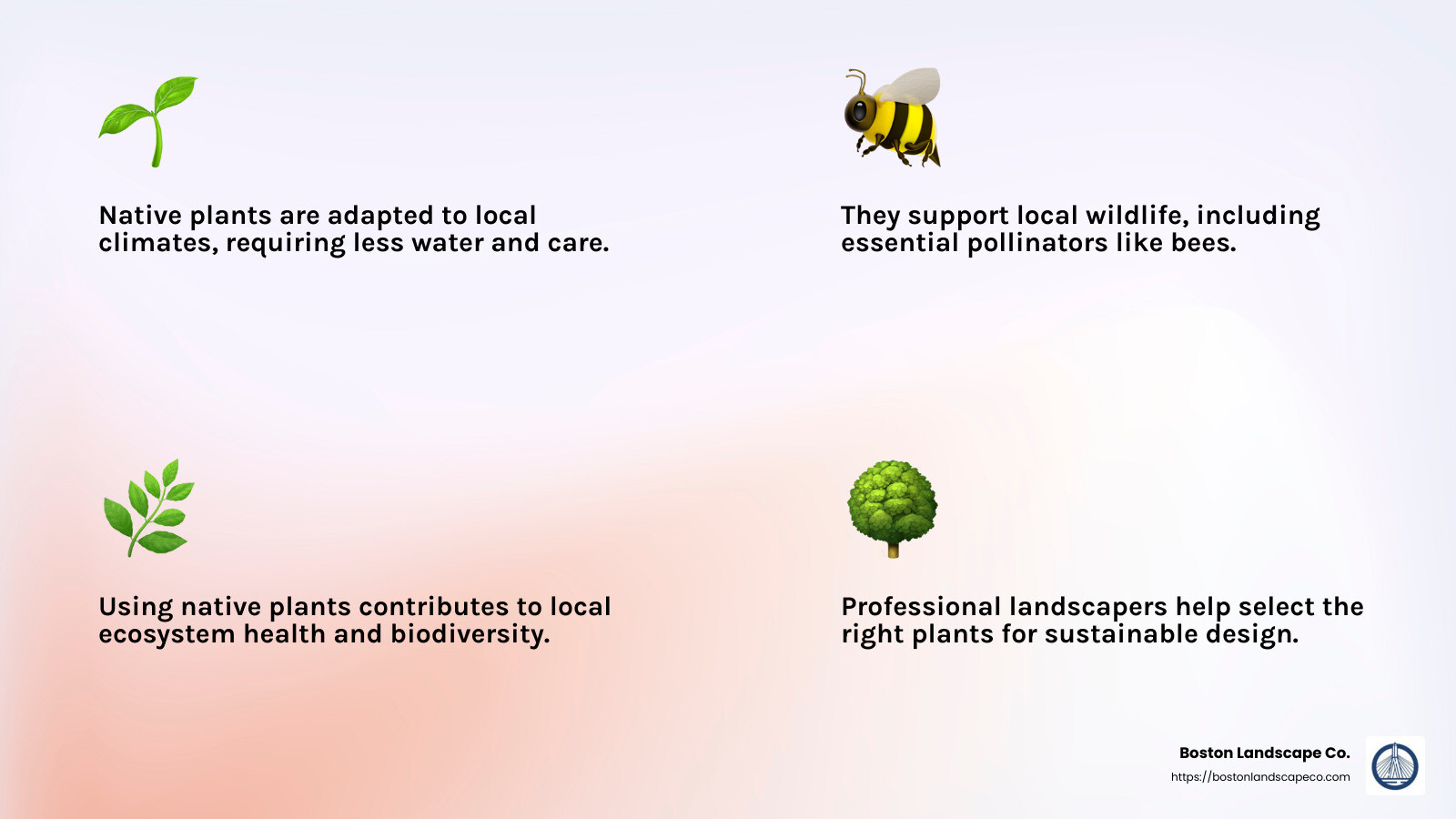Native plants support local wildlife and require less maintenance. - professional landscaping services near me infographic 4_facts_emoji_light-gradient