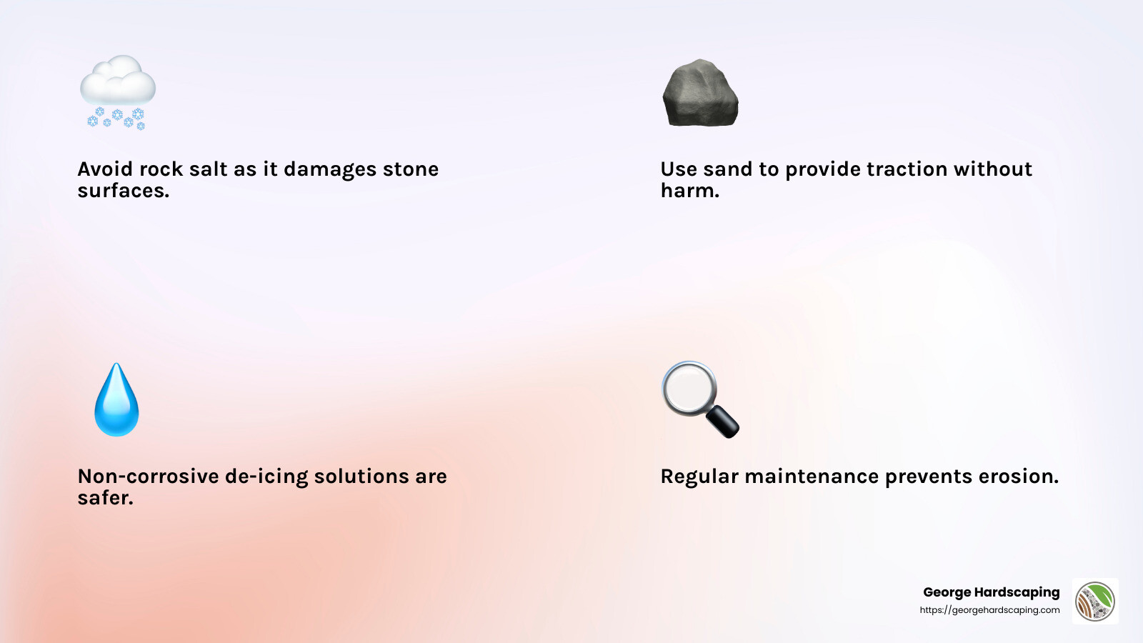 De-icing solutions like sand are safer for stone steps than rock salt. - how to install stone stair treads infographic 4_facts_emoji_light-gradient