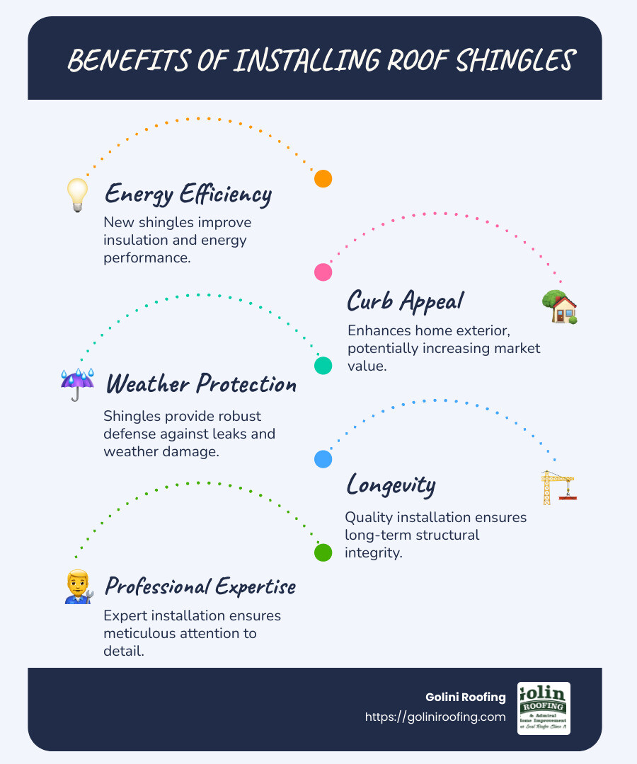 An infographic illustrating steps for roof shingle installation, showing energy benefits, improved aesthetics, and improved protection with visuals of increased home efficiency and curb appeal. - installing roof shingles infographic infographic-line-5-steps-blues-accent_colors