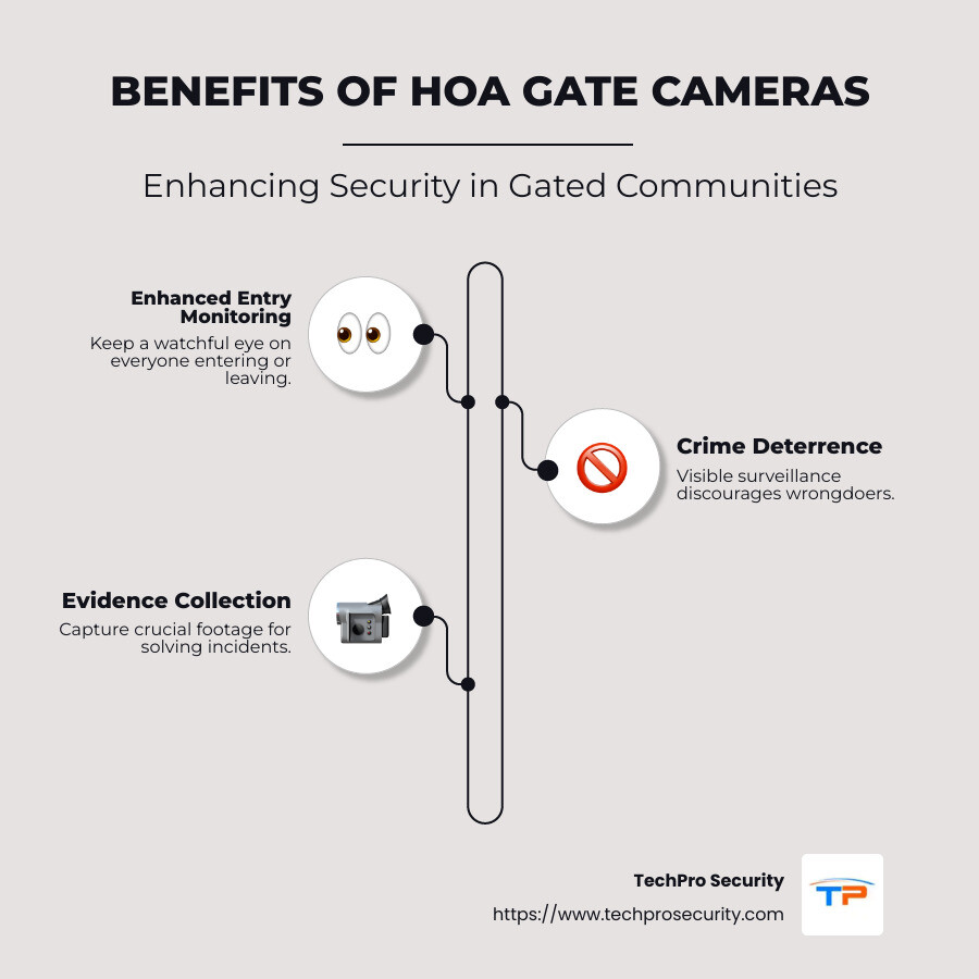 Security cameras benefits infographic: entry monitoring, deterrence, evidence collection, peace of mind - hoa gate cameras infographic infographic-line-3-steps-neat_beige