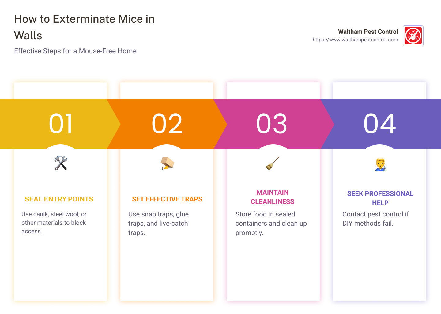 Ways to get rid of mice in walls - how to exterminate mice in walls infographic pillar-4-steps