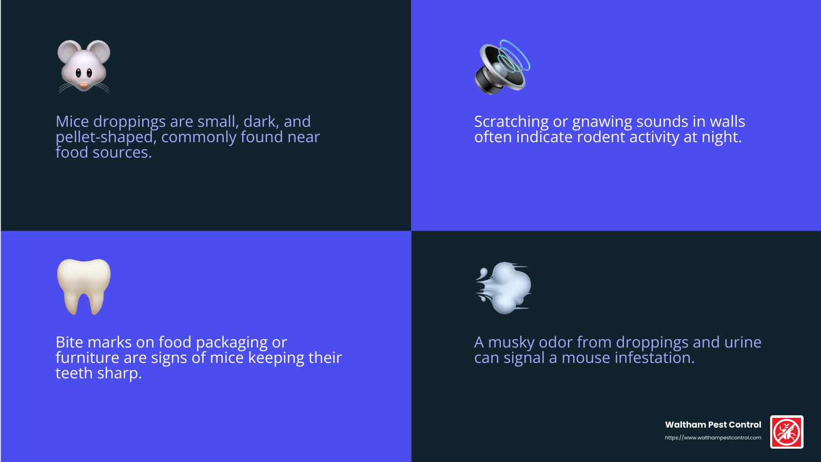 Mouse droppings and tracks are often visible in homes experiencing mice infestations. - how to exterminate mice in walls infographic 4_facts_emoji_blue