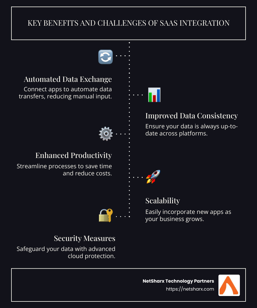 Infographic showing SaaS integration process with benefits and challenges, including improved productivity, real-time data exchange, and potential security risks - saas integration services infographic infographic-line-5-steps-dark