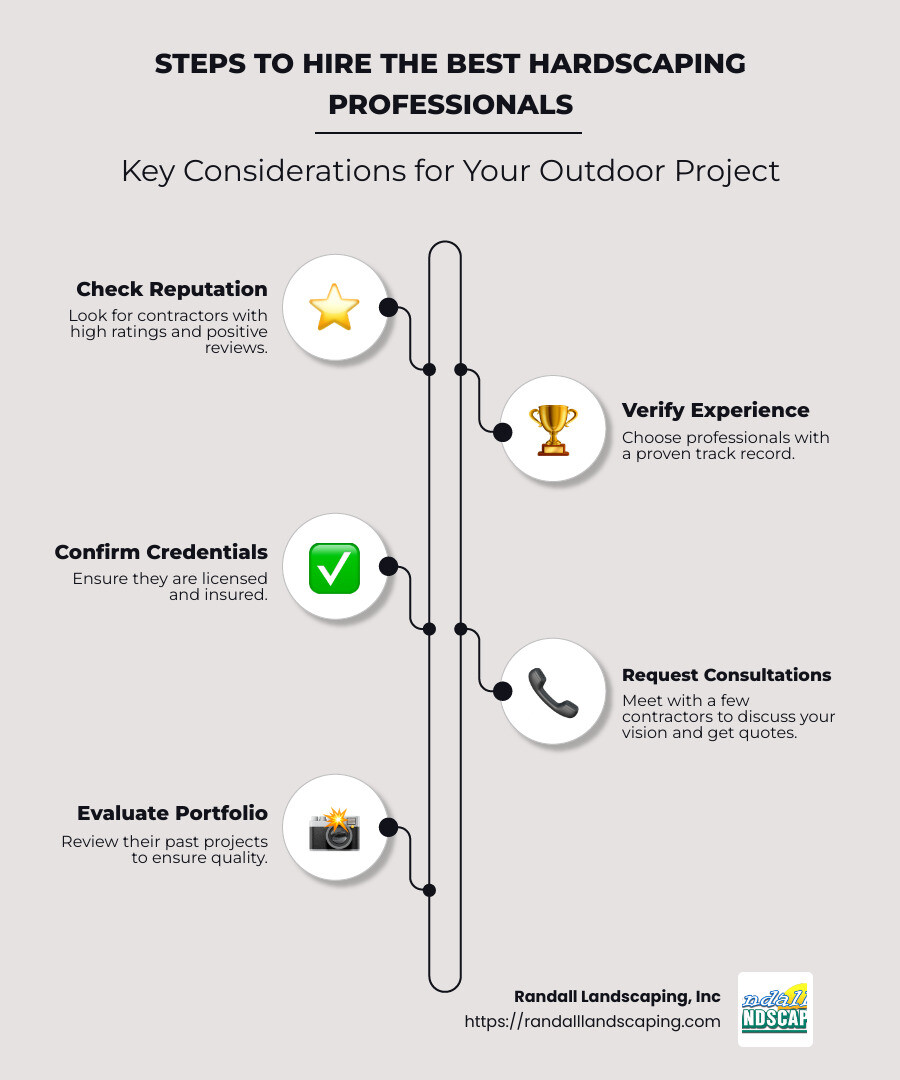 Infographic detailing steps to hire the best hardscaping professionals locally with icons for reputation, experience, credentials, and consultations - hardscaping near me infographic infographic-line-5-steps-neat_beige