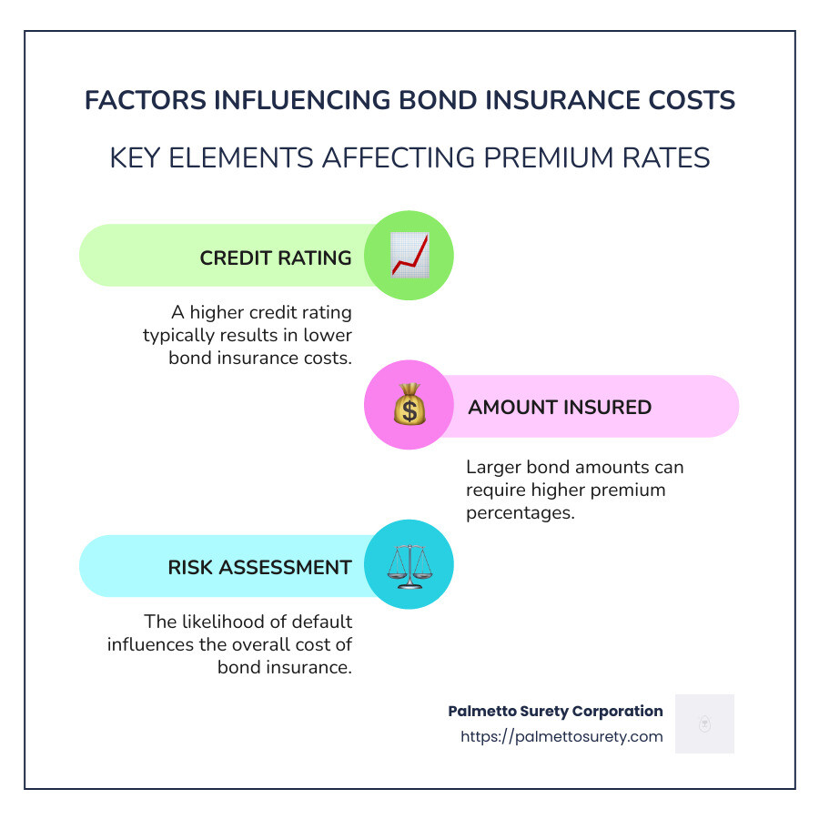 Detailed infographic on bond insurance cost factors, including credit rating, amount insured, and risk assessment - bond insurance cost infographic infographic-line-3-steps-colors Detailed infographic on bond insurance cost factors, including credit rating, amount insured, and risk assessment - bond insurance cost infographic infographic-line-3-steps-colors