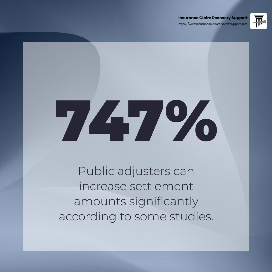 Public adjusters can increase settlement amounts by up to 747% according to some studies. - insurance claim helper infographic simple-stat-abstract