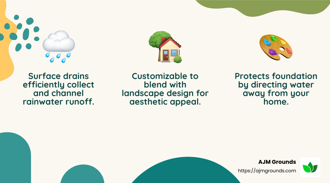 Efficient Water Collection with Surface Drains - Landscape drainage solutions infographic 3_facts_emoji_nature