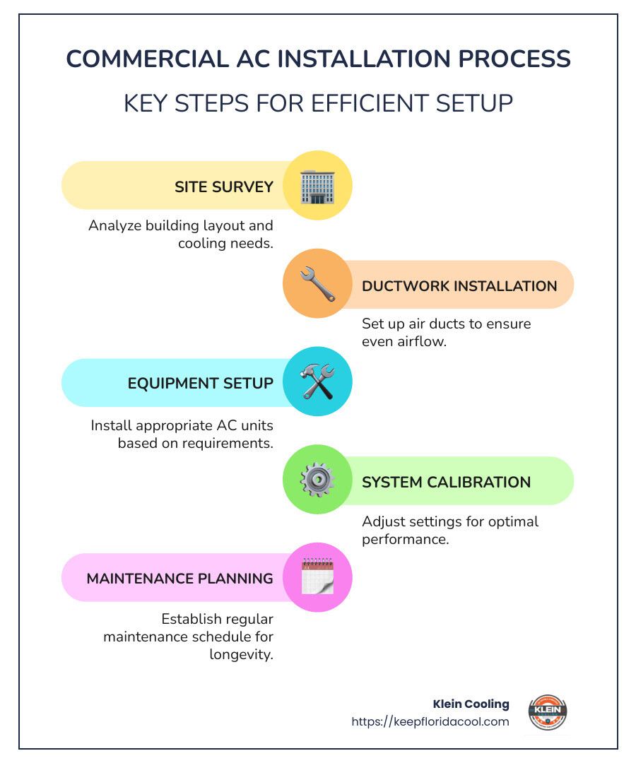 Detailed infographic showing steps of commercial AC installation from site survey to system calibration with key considerations highlighted such as building size and type of system suitable for different climate conditions. - Commercial AC installation infographic infographic-line-5-steps-colors