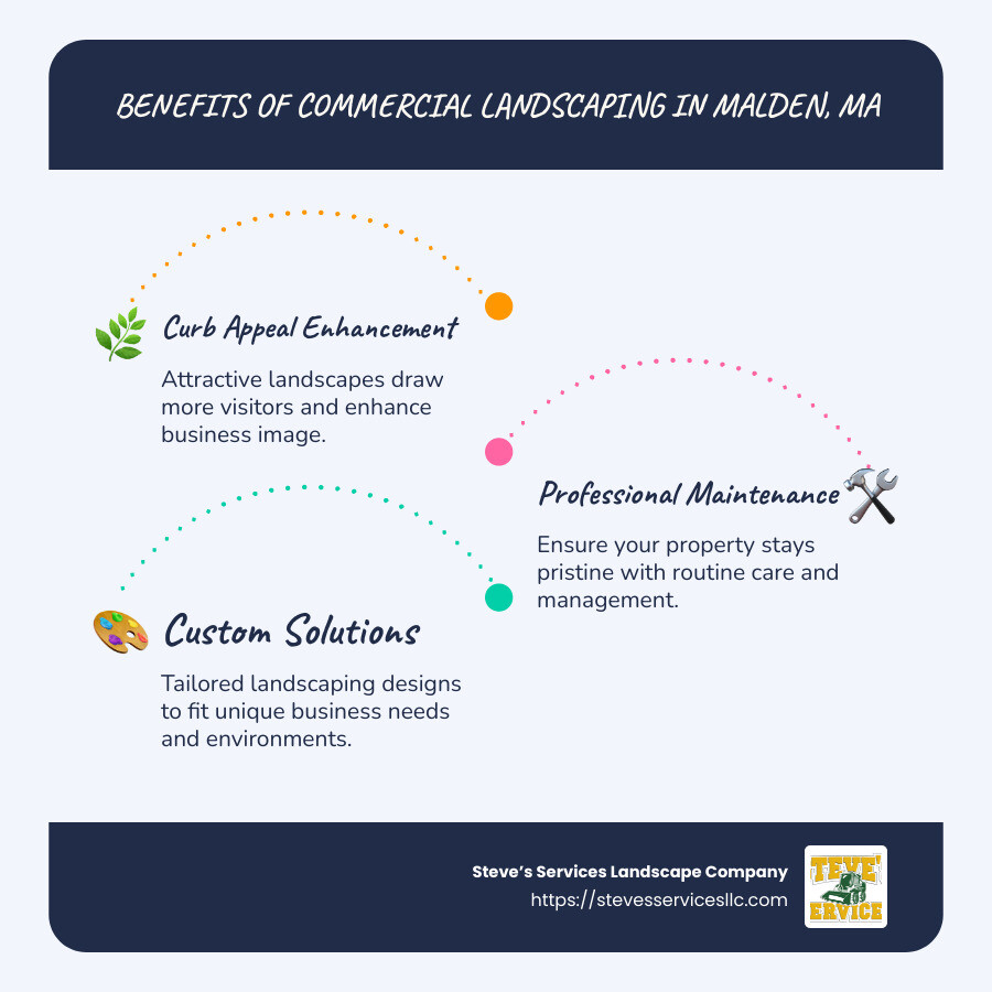 Infographic displaying landscaping benefits, services, and process for businesses in Malden MA - commercial landscaping malden ma infographic infographic-line-3-steps-blues-accent_colors