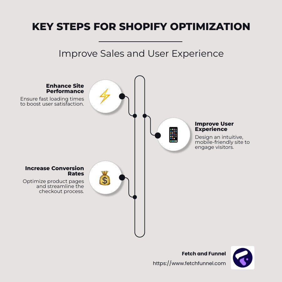 Infographic detailing key Shopify optimization steps: Site Performance, User Experience, Conversion Rates - Shopify Optimization infographic infographic-line-3-steps-neat_beige