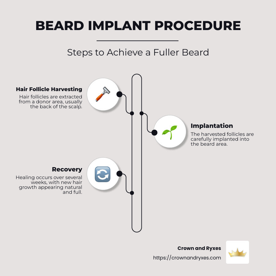 Illustration of the beard implant procedure process showing extraction from donor area to implantation in beard area - beard implants infographic infographic-line-3-steps-neat_beige