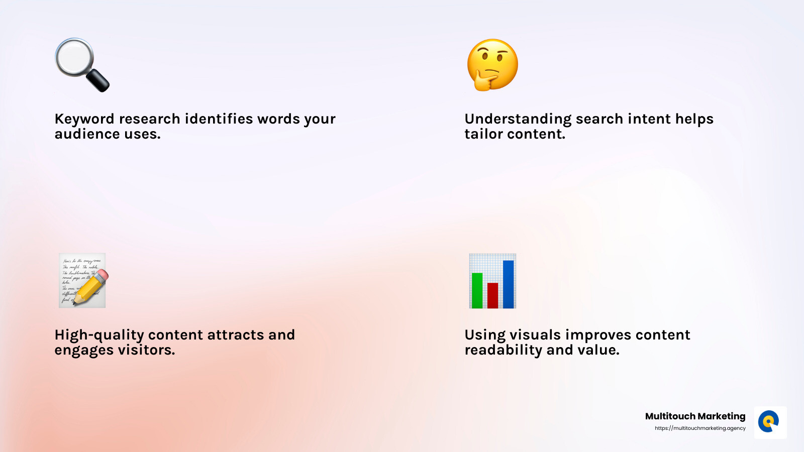 High-quality content engages visitors and improves SEO rankings. - SEO optimization tips infographic 4_facts_emoji_light-gradient