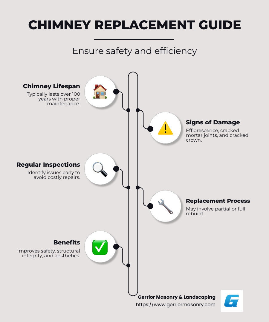Detailed infographic showing the lifespan of different chimney types, key signs of chimney damage, and the importance of regular inspections to prevent major issues. - chimney replacement infographic infographic-line-5-steps-neat_beige