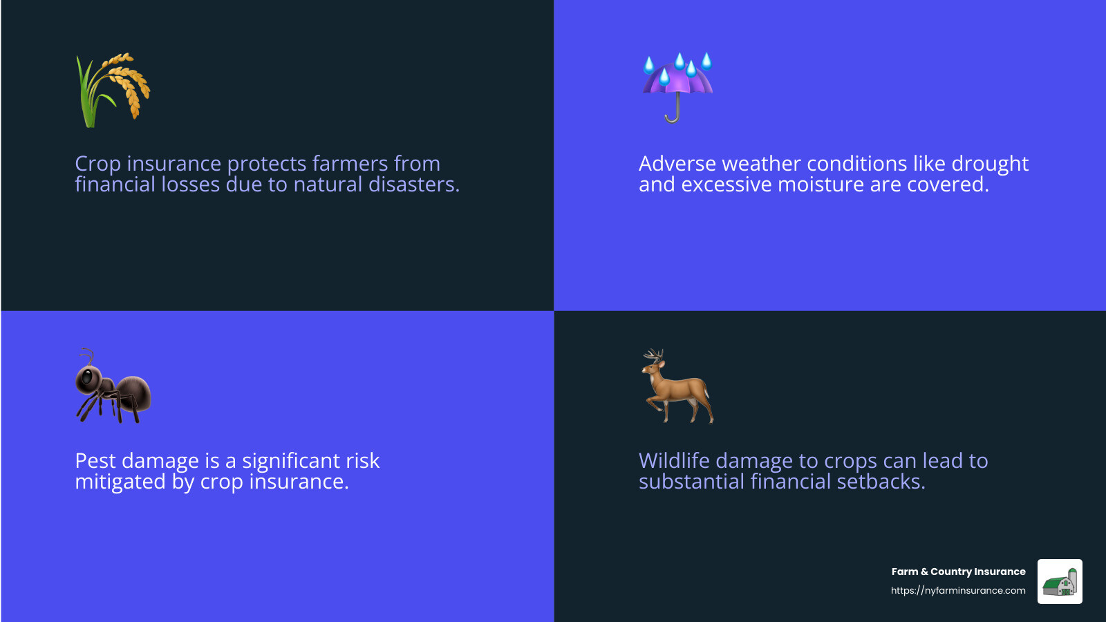 Crop insurance covers a wide range of risks, including adverse weather and pests. - agricultural insurance companies infographic 4_facts_emoji_blue