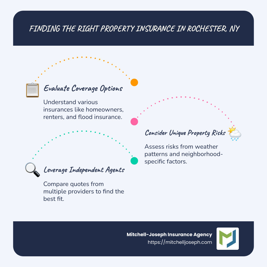 Infographic on finding the right property insurance in Rochester NY: highlighting key steps such as evaluating coverage options, considering unique property risks, and leveraging independent agents to compare quotes - property insurance rochester ny infographic infographic-line-3-steps-blues-accent_colors