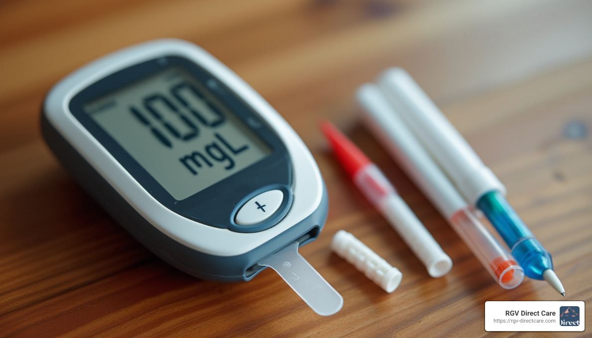 realistic photo of a blood glucose monitor showing a reading of 100 mg/dL, with test strips and lancets beside it on a wooden table background - diabetes blood sugar control