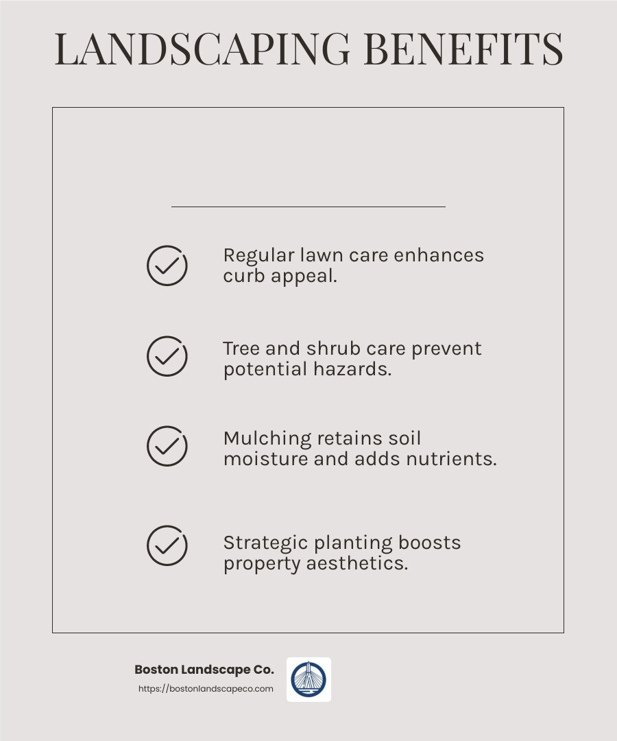 Landscaping Boosts Property Value - exterior grounds maintenance management company infographic checklist-light-beige