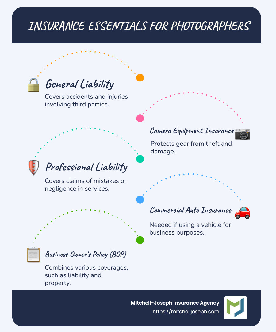 Detailed infographic showing types of insurance coverage for photographers including general liability, professional liability, camera equipment, and auto insurance with examples of what each covers - Business insurance for photographers infographic infographic-line-5-steps-blues-accent_colors