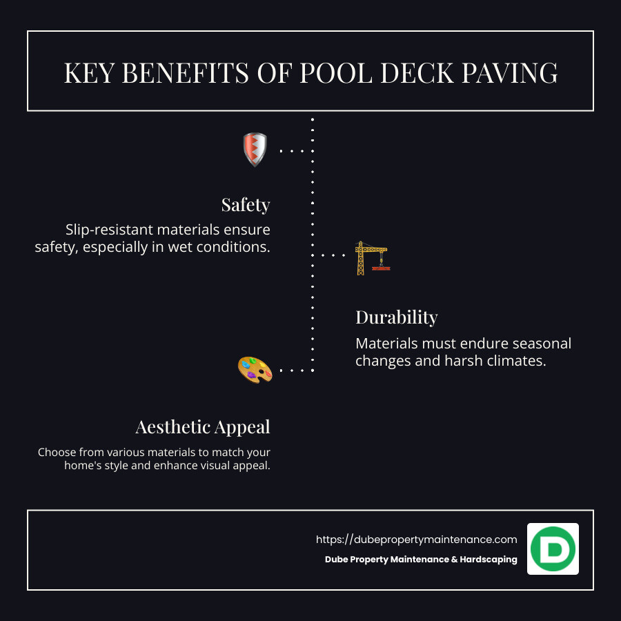Pool Deck Paving Key Points Infographic: Safety, Durability, Aesthetics, Weather Resistance, Low Maintenance - pool deck paving infographic infographic-line-3-steps-dark