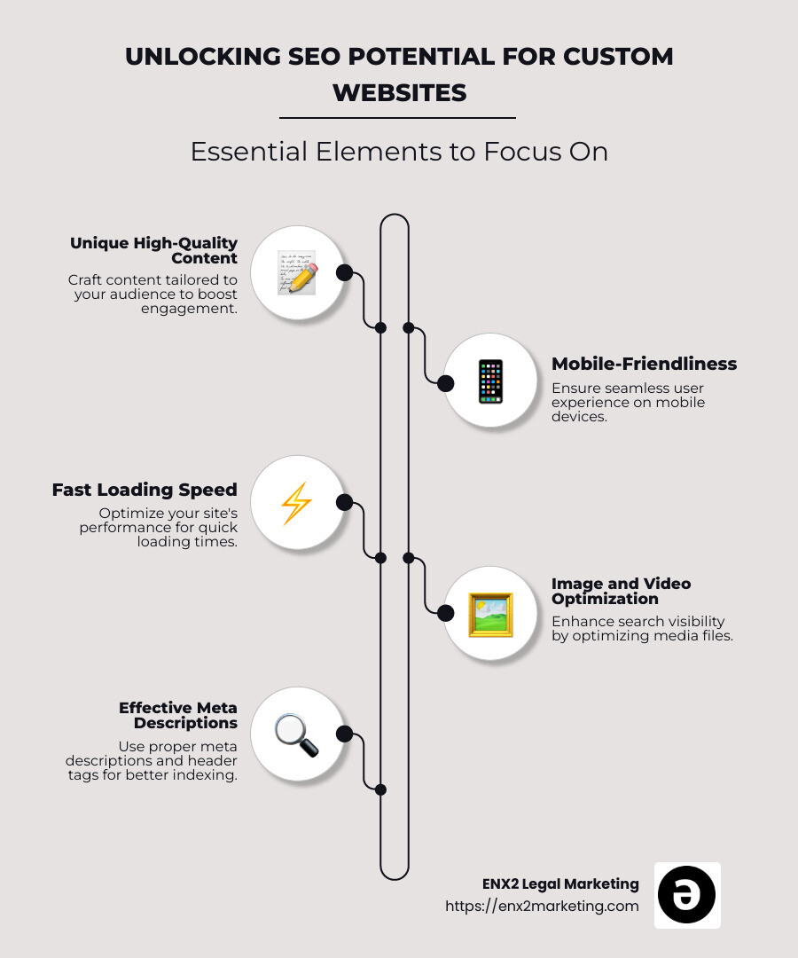 A comprehensive infographic outlining the essentials of SEO for a custom website, including user-centric design, mobile optimization, and key on-page elements, with arrows pointing to each feature for clarity. - seo for custom website infographic infographic-line-5-steps-neat_beige