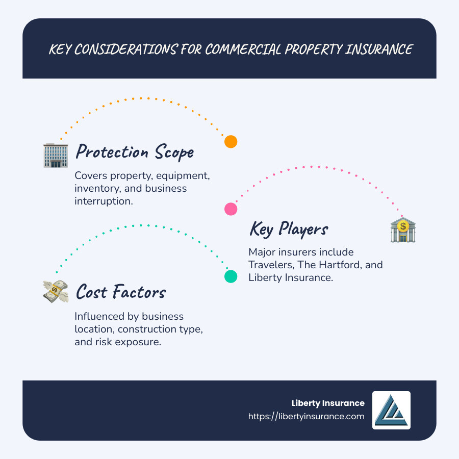 Infographic on Commercial Property Insurance Benefits – Quick Guide: Protection Scope, Key Companies, Cost Factors - commercial property insurance companies infographic infographic-line-3-steps-blues-accent_colors