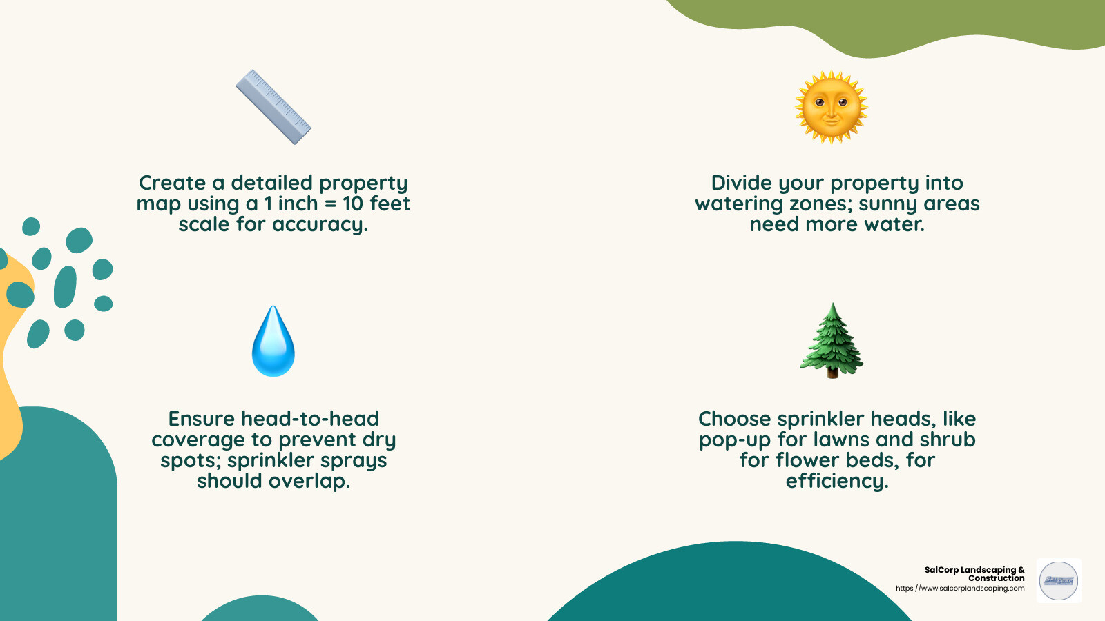 Head-to-head coverage ensures complete watering - installing new sprinkler system infographic 4_facts_emoji_nature